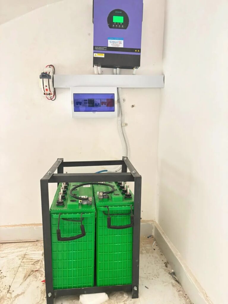 Inverter, distribution board and battery bank on a steel rack