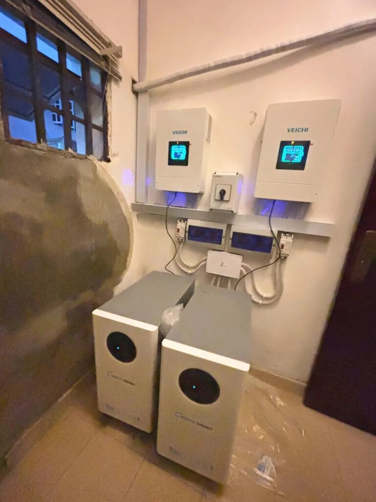Completed installation with two hybrid inverters and lithium batteries